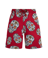 Boys Stretch Red Swim Shorts Día de Muertos Lipstick front view