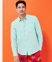 Men Linen Shirt Solid Lagoon front worn view