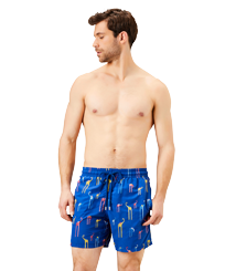 Men Swim Trunks Embroidered Giaco Elephant - Limited Edition Batik blue front worn view