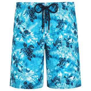 Men Long Swim Shorts Starlettes and Turtles Tie and Dye Azure front view