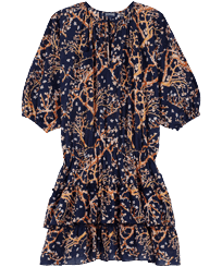 Women Short Ruffles Cotton Dress Sweet Blossom Navy front view