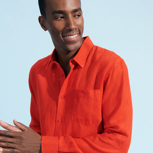 Men Linen Shirt Solid Poppy red 细节视图2