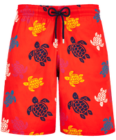 Men Long Swim Shorts Ronde des Tortues Multicolores Poppy red front view