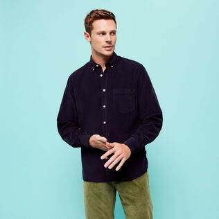 Men Corduroy Shirt Solid Navy front worn view