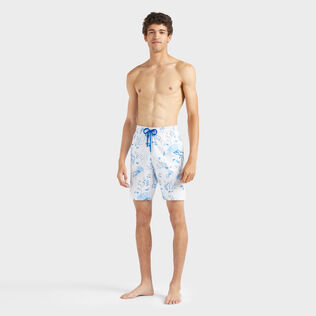 Men Long Stretch Swim Shorts Medusa and Shells White front worn view