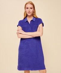 Women Terry Polo Dress Solid Purple blue front worn view