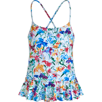 Girls Skirt One-piece Swimsuit Happy Flowers White front view