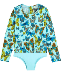 Mädchen Fitted Bedruckt - Butterflies Rashguard-Badeanzug mit Reißverschluss für Mädchen, Lagune Vorderansicht