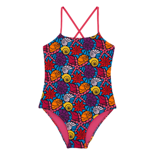 Girls One-piece Swimsuit Noumea Sea Shells Navy front view