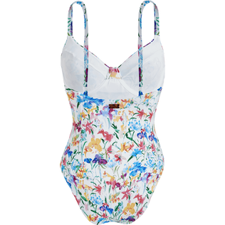Women Halter One-piece Swimsuit Happy Flowers White back view