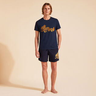 Men Cotton T-Shirt Embroidered The year of the Dragon Navy front worn view