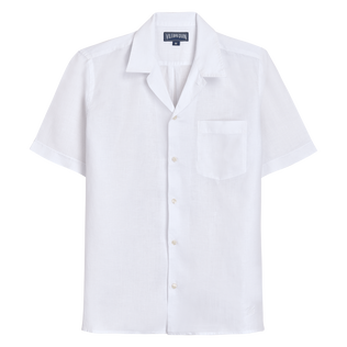 Camisa de bolos de lino de color liso para hombre Blanco vista frontal