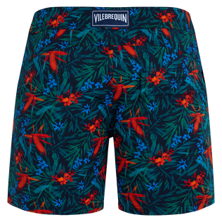 Kurze Tropical Flowers Stretch-Badeshorts mit flachem Bund für Herren Marineblau Rückansicht