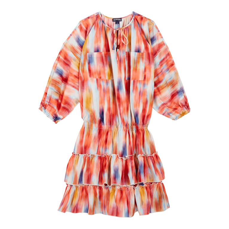 Women Cotton Ruffled Dress Ikat Flowers - Lauriane - Multi