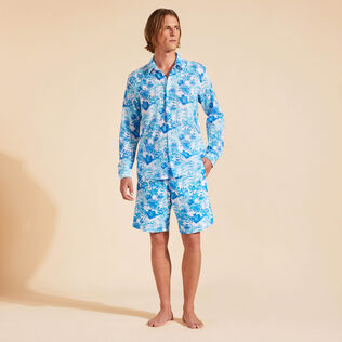 Camisa ligera en gasa de algodón con estampado Tahiti Flowers unisex Blanco vista frontal desgastada