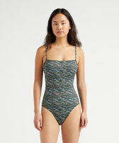 Bañador de una sola pieza Bustier con estampado Pearl para mujer Negro vista frontal desgastada