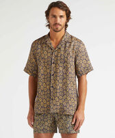 Men Linen Bowling Shirt Carapaces Navy front worn view