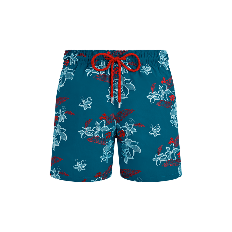Vilebrequin Men Swim Shorts Embroidered Flowers Power - Swimming Trunk - Mistral - Blue - Size L