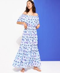 Women Long Off the Shoulders Cotton Dress Flash Flowers Purple blue front worn view