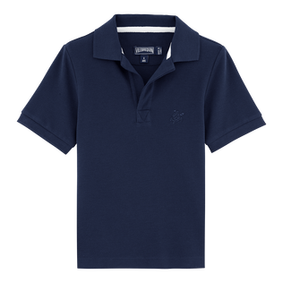 Polo garçon en piqué de coton uni Bleu marine vue de face