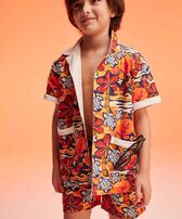 Camicia bambino in cotone Monoi Turtles Albicocca vista frontale indossata