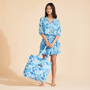 Bolso de playa de lino con estampado Tahihti Flowers unisex Blanco detalles vista 1