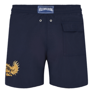 Men Placed Embroidery Swim Shorts The Year of the Dragon Navy back view