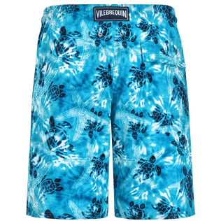 Men Long Swim Trunks Starlettes and Turtles Tie and Dye Azure back view