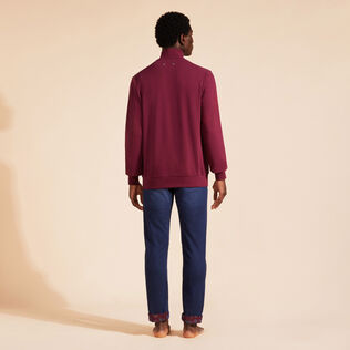 Men Front Zip Sweatshirt Embroidered Logo Velvet Starlettes Crimson purple back worn view