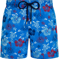 Men Swim Shorts Embroidered Tropical Turtles - Limited Edition Neon blue front view