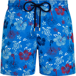 Men Swim Shorts Embroidered Tropical Turtles - Limited Edition Neon blue front view