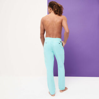 Men Cotton and Linen Stretch Comfort Pants Solid Lagoon back worn view