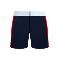 Color Block Stretch-Badeshorts mit flachem Bund für Herren Marineblau Vorderansicht