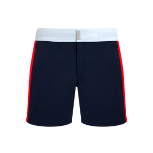 Color Block Stretch-Badeshorts mit flachem Bund für Herren Marineblau Vorderansicht