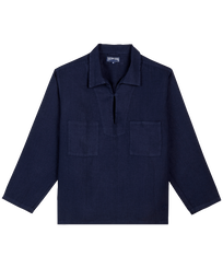 Men Linen Collared Pullover Shirt Navy front view