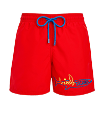 Vilebrequin 品牌徽标及鲨鱼刺绣男士泳裤 Vilebrequin x JCC+ 合作款 - 限量版 Medicis red 正面图