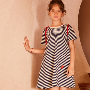 Vestido a rayas para niña Marino / blanco vista frontal desgastada