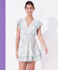 Women Mini Dress Hidden Fishes - Vilebrequin x Poupette St Barth White front worn view
