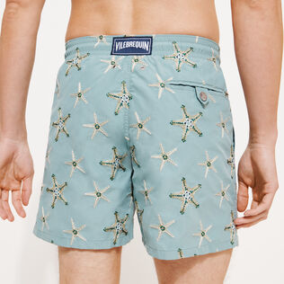 Men Swim Shorts Embroidered Starfish Dance - Limited Edition Mineral blue back worn view