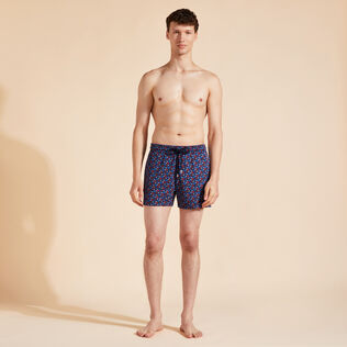 Men Stretch Swim Trunks Micro Ronde Des Tortues Rainbow Navy front worn view