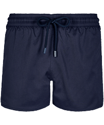 Men Swim Trunks Short and Fitted Stretch Solid Navy front view
