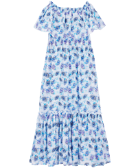 Women Long Off the Shoulders Cotton Dress Flash Flowers Purple blue front view