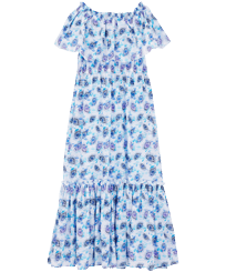 Vestido largo de algodón con hombros descubiertos y estampado Flash Flowers para mujer Purple blue vista frontal