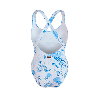Bañador de una sola pieza con tirantes cruzados en la espalda y estampado Medusa and Shells para mujer Blanco vista trasera