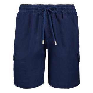 Bermudas lisas de lino con bolsillos de fuelle Azul marino vista frontal