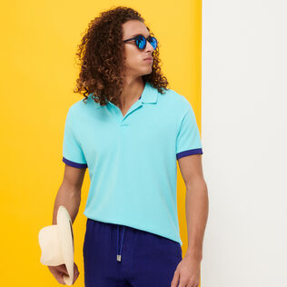Polo en piqué de coton homme uni Bleu lazuli vue de détail 3