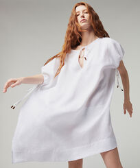 Robe carrée femme en lin blanc- Vilebrequin x Angelo Tarlazzi Blanc vue portée de face