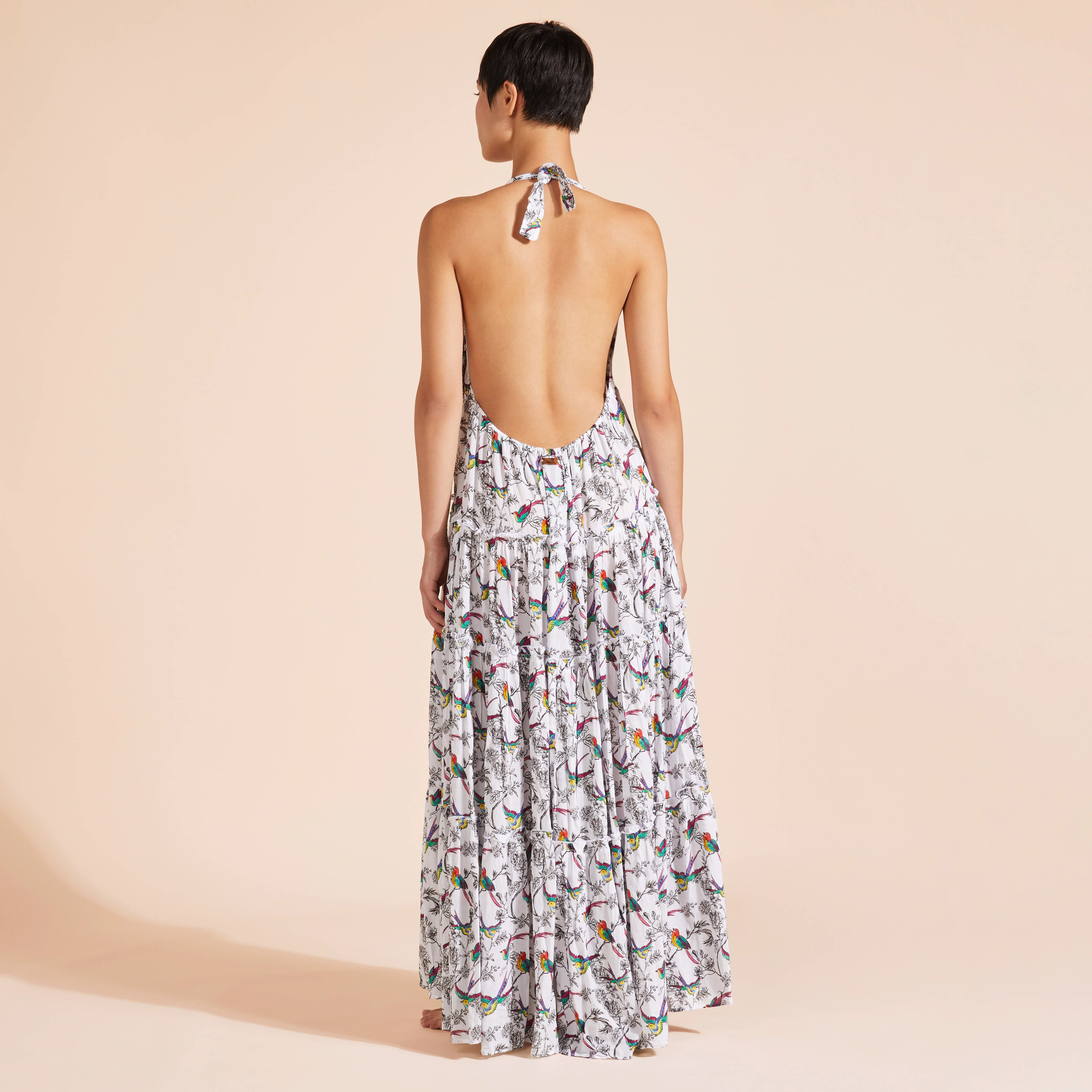 Vestido largo de viscosa con espalda descubierta y estampado Rainbow Birds para mujer