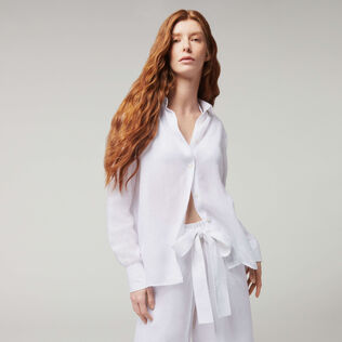 Women Solid Linen Shirt- Vilebrequin x Angelo Tarlazzi White front worn view