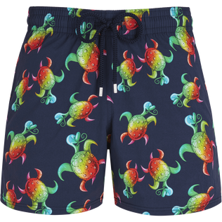 Men Stretch Swim Trunks Tortues Rainbow Multicolor - Vilebrequin x Kenny Scharf Navy front view